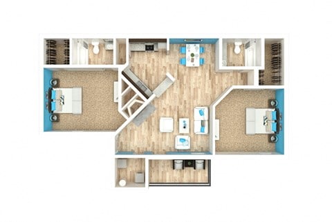 Floor plan for 2 beds, 2 baths, 995 sqft